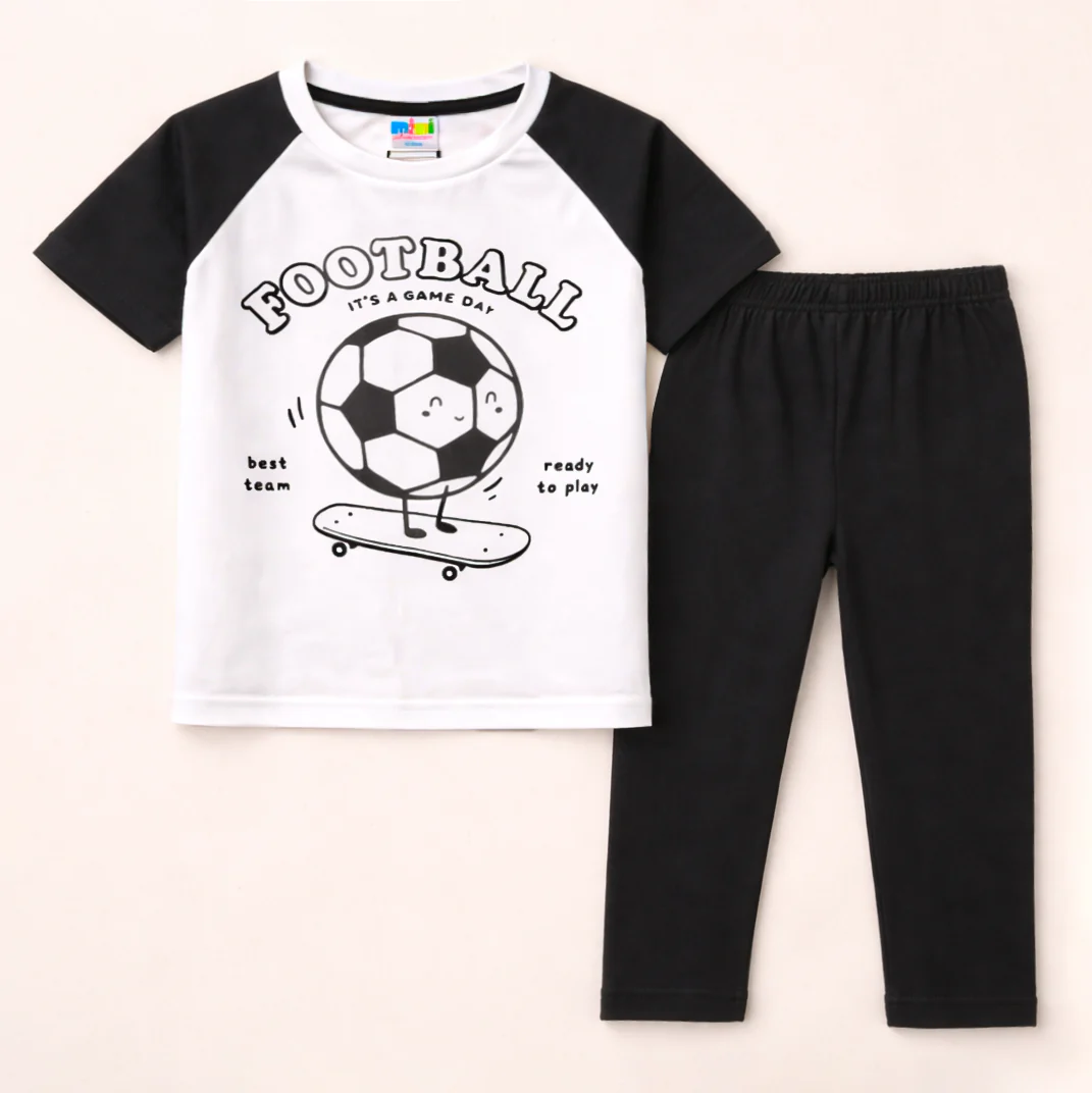 Kids Printed Cotton Half Sleeves Pajama Set Football Black - Mini Charm