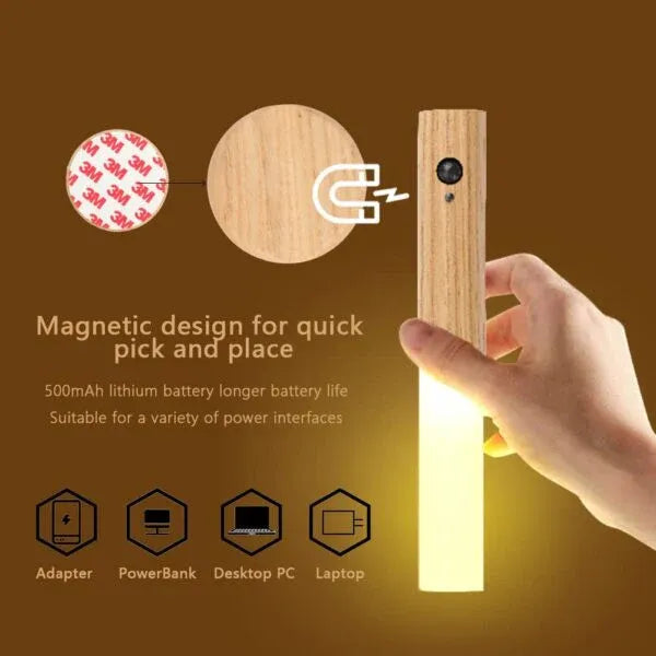 Smart Motion LED Wood Night Light – USB Rechargeable Lamp