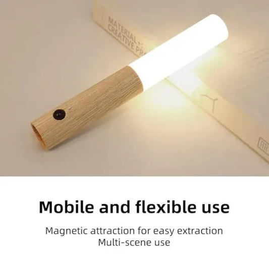Smart Motion LED Wood Night Light – USB Rechargeable Lamp