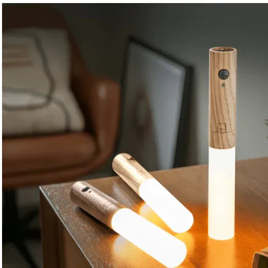 Smart Motion LED Wood Night Light – USB Rechargeable Lamp