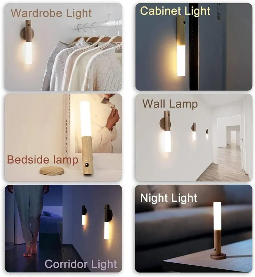 Smart Motion LED Wood Night Light – USB Rechargeable Lamp