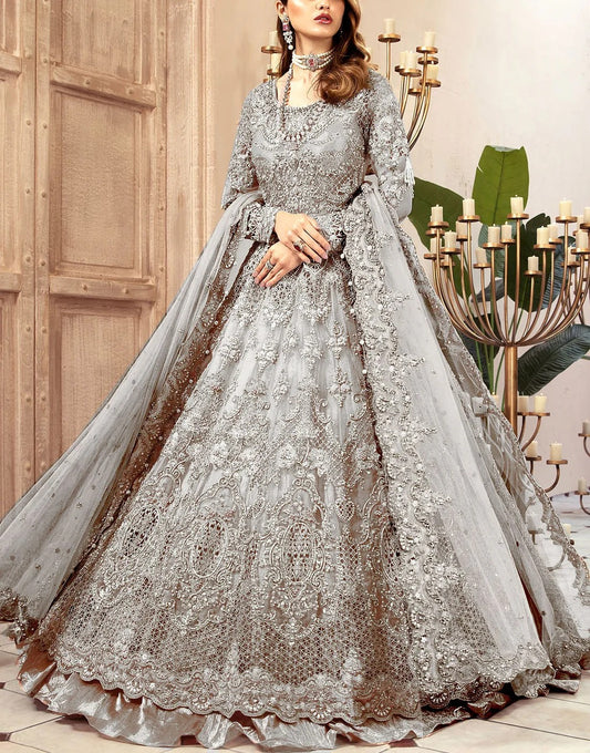 Luxurious 3D Handwork &amp; Embroidered Grey Net Bridal Maxi Dress