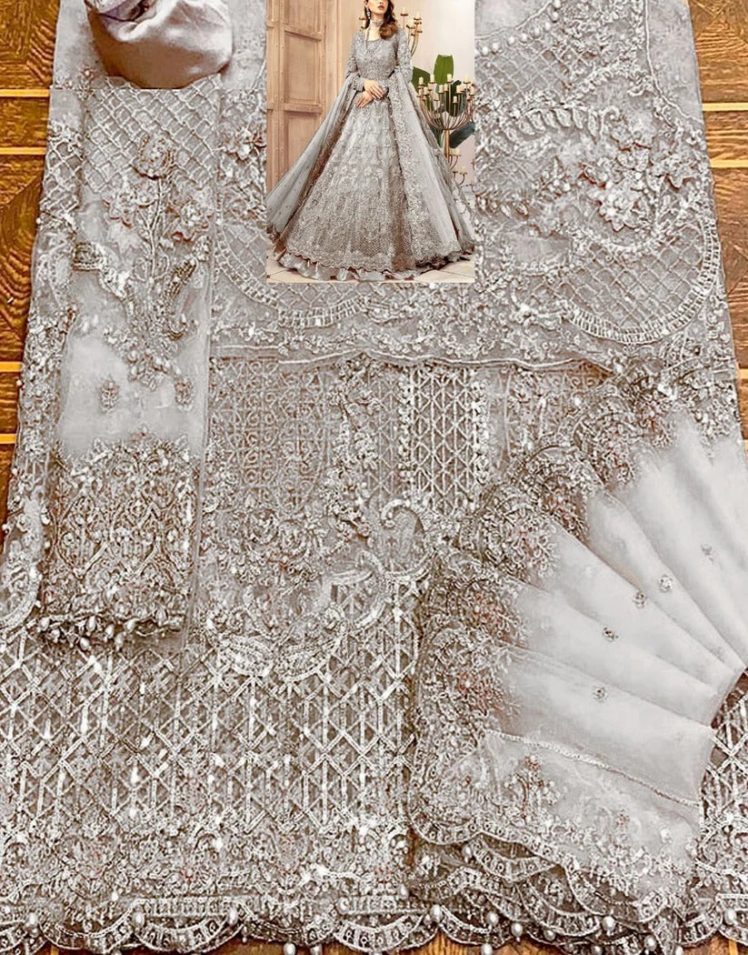 Luxurious 3D Handwork &amp; Embroidered Grey Net Bridal Maxi Dress
