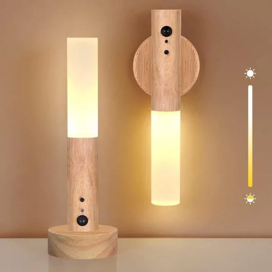 Smart Motion LED Wood Night Light – USB Rechargeable Lamp