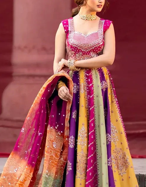 Heavy Embroidered Multicolor Raw Silk Bridal Maxi Dress with Chunri Print Emb. Organza Dupatta