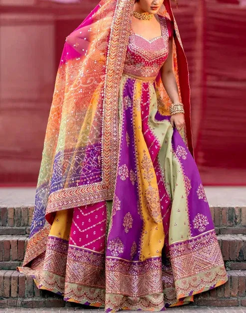 Heavy Embroidered Multicolor Raw Silk Bridal Maxi Dress with Chunri Print Emb. Organza Dupatta