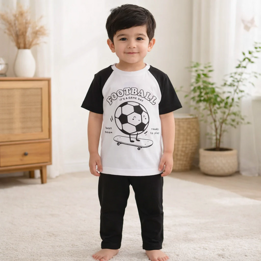 Kids Printed Cotton Half Sleeves Pajama Set Football Black - Mini Charm
